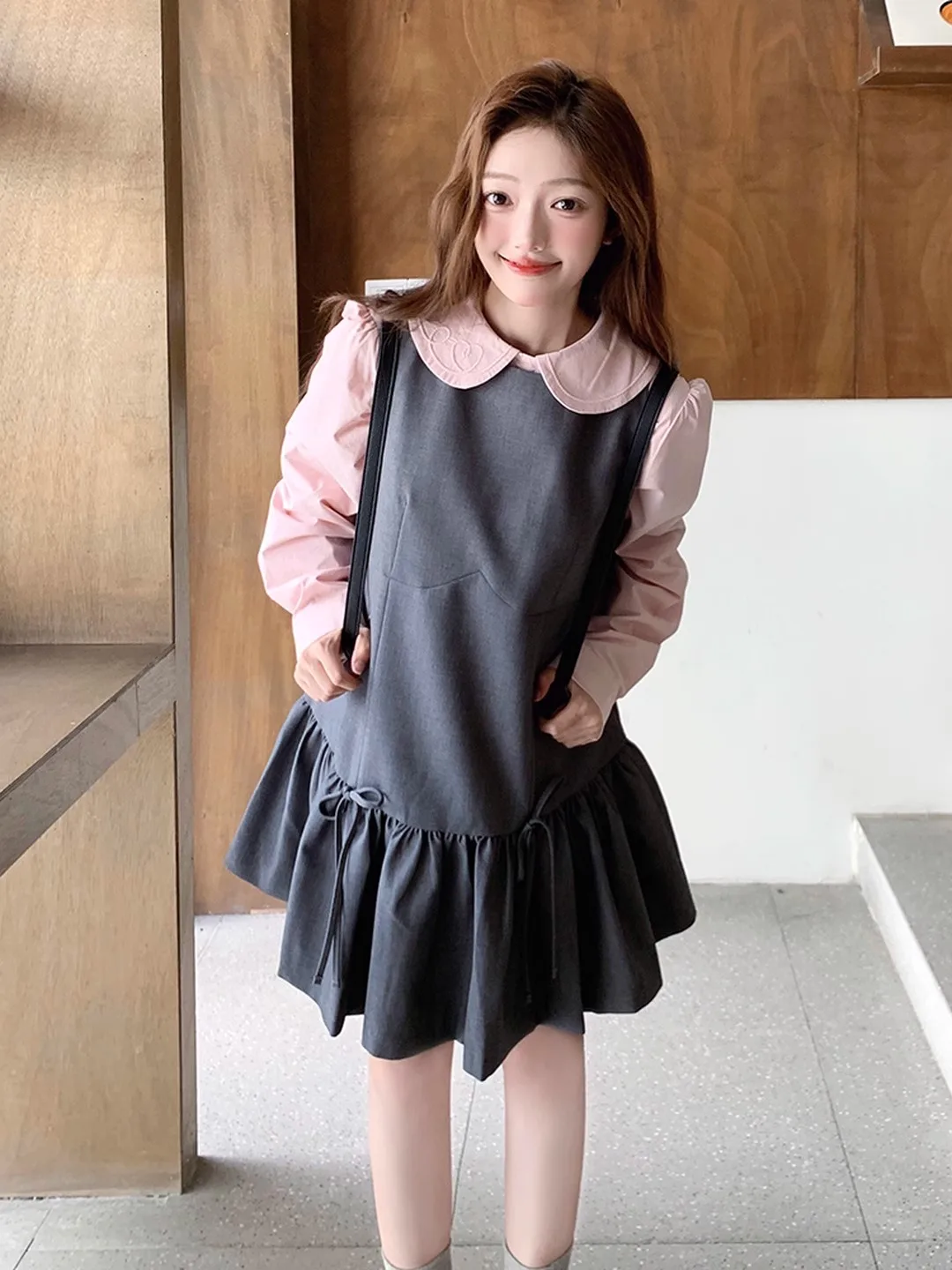 可愛い洋服 中学生 通学 用 おすすめ：ピンクシャツとプリーツキャミソールワンピース【学院風・スウィート】（セットアップ対応）