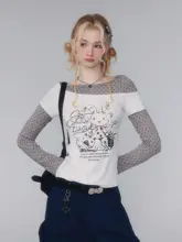 春秋にぴったり！ウサギプリントドット柄長袖Tシャツ【グレー調・デザイン性・重ね着風】（セット アップ対応）