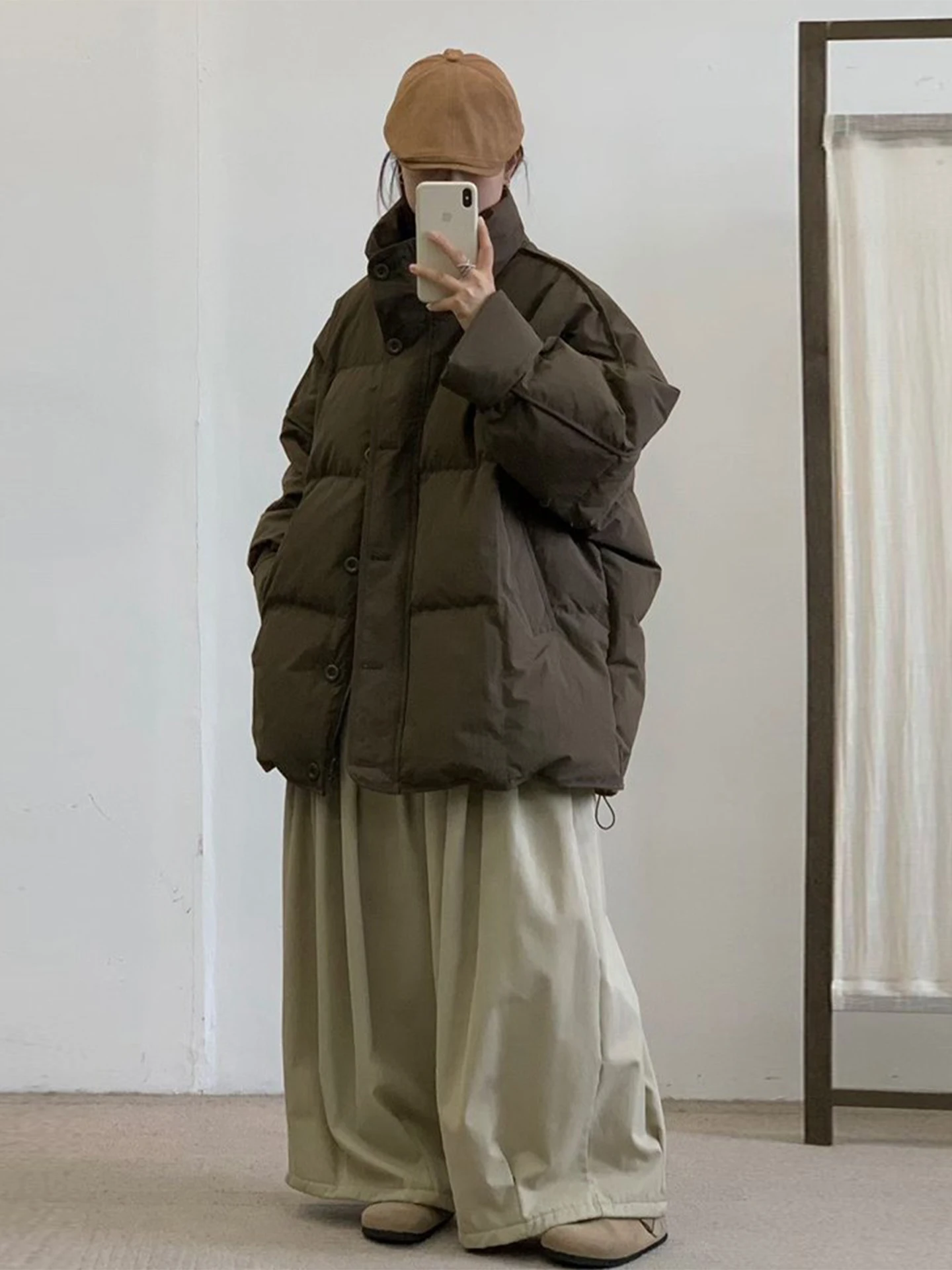 厚手カーディガン レディース：韓国風ブラウンコットンジャケットの実用性と着心地
