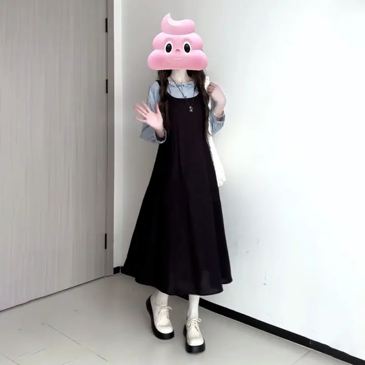 シンプルな黒のノースリーブワンピース【春用・ハイウエスト・ロングスカート・韓国スタイル】（セットアップ対応）