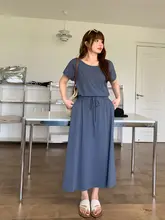 大きいサイズ レディース 韓国風 ラウンドネック ワンピース【春夏 用・ゆったり・ウエスト絞り・カジュアルロングドレス】