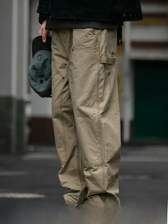 多ポケットデザイン洗い加工ダブルニーカット作業パンツ メンズ【春秋用・ゆったり・ストレート】