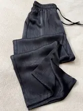 サテン風アセテート黒のパンツ【ウエストゴム・ドローコード・ワイドレッグ】