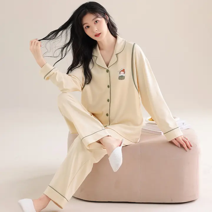 コットン製マタニティパジャマ【胸パッド付き・春秋用・授乳対応・家居服】（セットアップ対応）