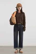 CHICVEN ハイウエスト ストレートレッグデニムパンツ【クリンクル デザイン・フリース裏地・レディース】