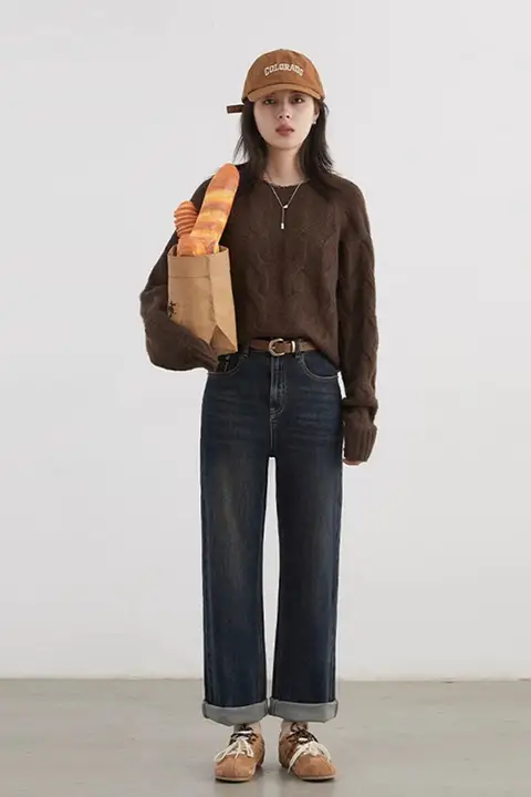 CHICVEN ハイウエスト ストレートレッグデニムパンツ【クリンクル デザイン・フリース裏地・レディース】