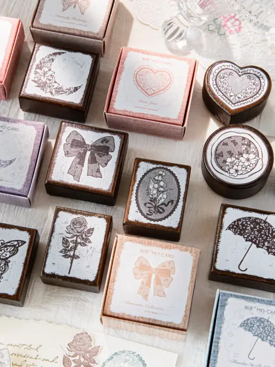 レトロな印章 蝶結びレースローズとスズランの花 DIY素材【デコレーション用】