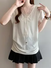 大きいサイズ レディース レース切替Vネックリボン付き短袖Tシャツ【夏用・透湿・体型カバー・大人カジュアル】
