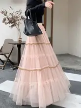 春らしい印象のピンクチュールスカート【ロング丈・Aライン・極上の柔らかさ】（セットアップ対応）