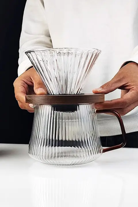 大容量耐熱ガラス製ストライプコーヒーサーバーセット【ウォールナット木台・ハンドドリップ用・フィルター付き】