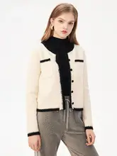 トリコロールデザインの春秋用カーディガン【ラウンドネック・落ち肩・ニット】