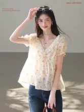 夏用 短袖フラワープリント シフォンブラウス【軽やかで高級感のあるデザイン】