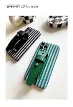 スマホケース 耐衝撃 本革 リストストラップ ストライプ スタッズ グリーン iPhone 13 Pro Max 対応