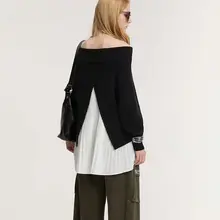 タートルネックニット レディース リブ バイカラー パッチワーク フェイクレイヤード ゆったり 「sdeer」