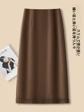 ウールミディスカート【ブラウン・フリルデザイン・ストレートシルエット・秋用】