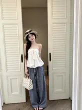 透かし模様のフラワーブラトップと高腰チェック柄パンツ【夏用・カジュアル・女性用】（セットアップ対応）