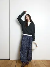 花柄ウエストゴムストレートパンツ【冬用・裏起毛・ゆったりシルエット】（セットアップ対応）