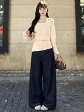 深い青のハイウエストデニムパンツ【秋用・ゆったり・ワイドレッグ・小柄対応】（セットアップ対応）