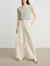 Annata ベージュカラーのワイドレッグパンツ【夏用・薄手・高腰・フィット】