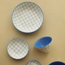 清涼感あふれるチェック柄 陶器製プレート【コーンフラワーブルー・蓋付き】