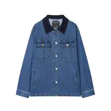 大きいサイズのワイドフィットコーデュロイ襟付きデニムジャケット【春用・レディース】（セットアップ対応）