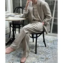麻製カジュアルジャケット【春秋用・アメリカン＆イギリスス  タイル・ダブルプリーツパンツ・二件組（セットアップ対応）】
