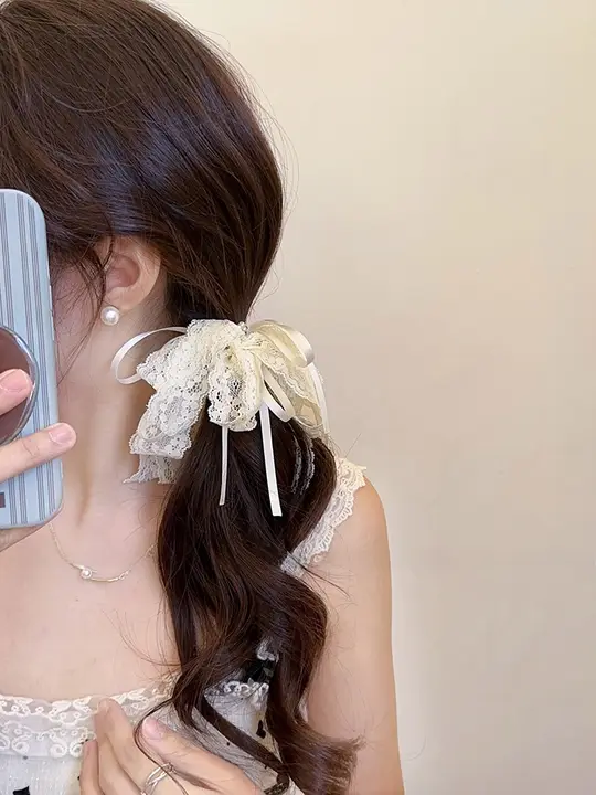 ネット素材のパールヘアゴム【リボンデザイン・高弾力】