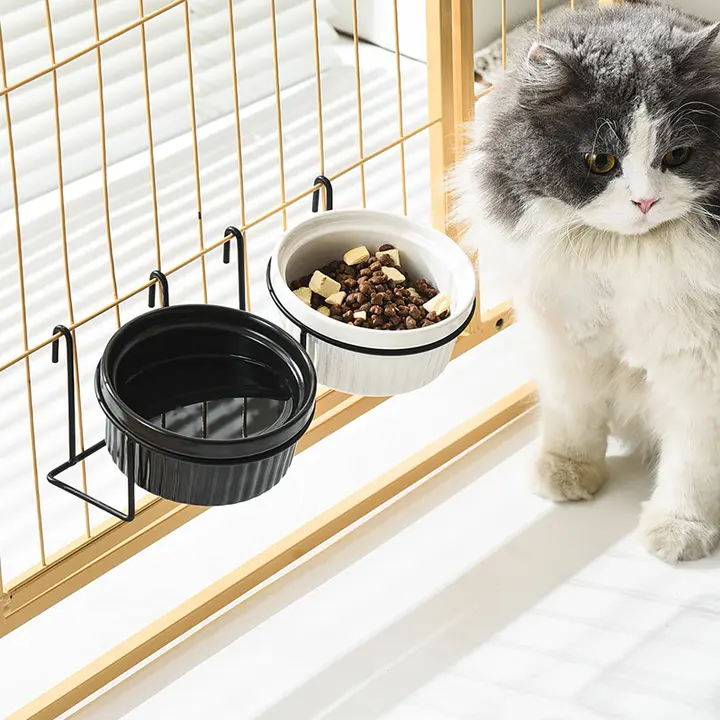猫用セラミック給餌ボウル【防倒•吊り下げ式・黒・ペット用】
