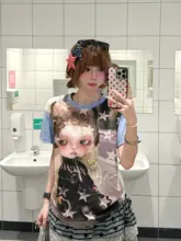 半袖Tシャツ レディース 星柄総柄 可愛いキャラクター 韓流 ルーズ 正肩 夏 「BeOurRule」