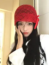 レース透かしデザインの蝶結びニット帽【女性用・薄手・顔周りを華やかに】