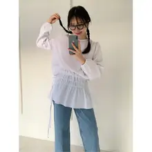 サイドリボン付きフリルブラウス【ストライプ・春用・長袖】