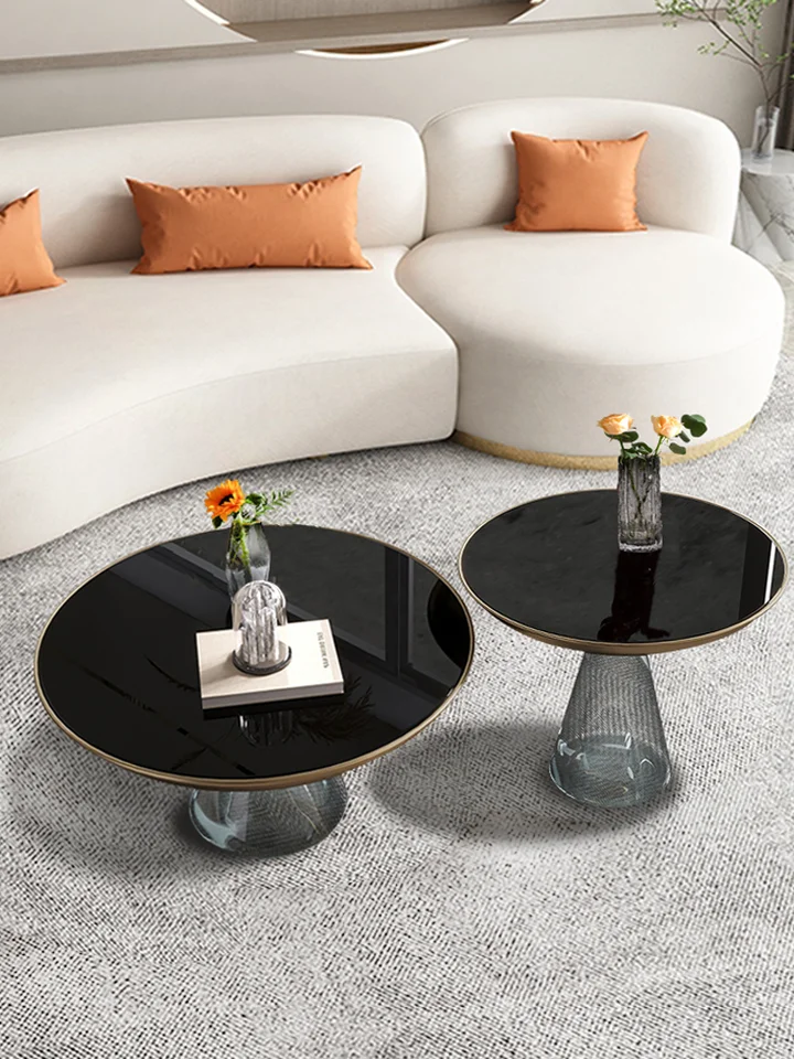 モダンデザインのガラス製金属円形テーブル【グレー・小型・リビング・寝室用】（セットアップ対応）