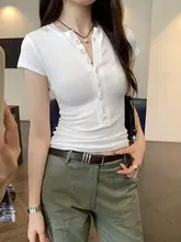 浅灰色 ヘンリーネック半袖Tシャツ【女性用・スリムフィット・夏用】