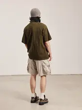 夏季デザインのブラウンポロネック半袖Tシャツ【ルーズフィット・レトロスタイル・ラグランスリーブ】（セットアップ対応）