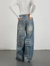 美式猫ひげ風洗い加工ワイドレッグデニムパンツ【女性用・フィット・カジュアル】