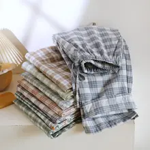 チェック柄コットンルームパンツ【春秋夏用・薄手・ウエストひも・ポケット付き】