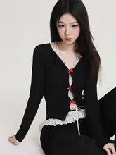 レディース 長袖ニットTシャツ【黒・レースデザイン・フィット感・春秋用】