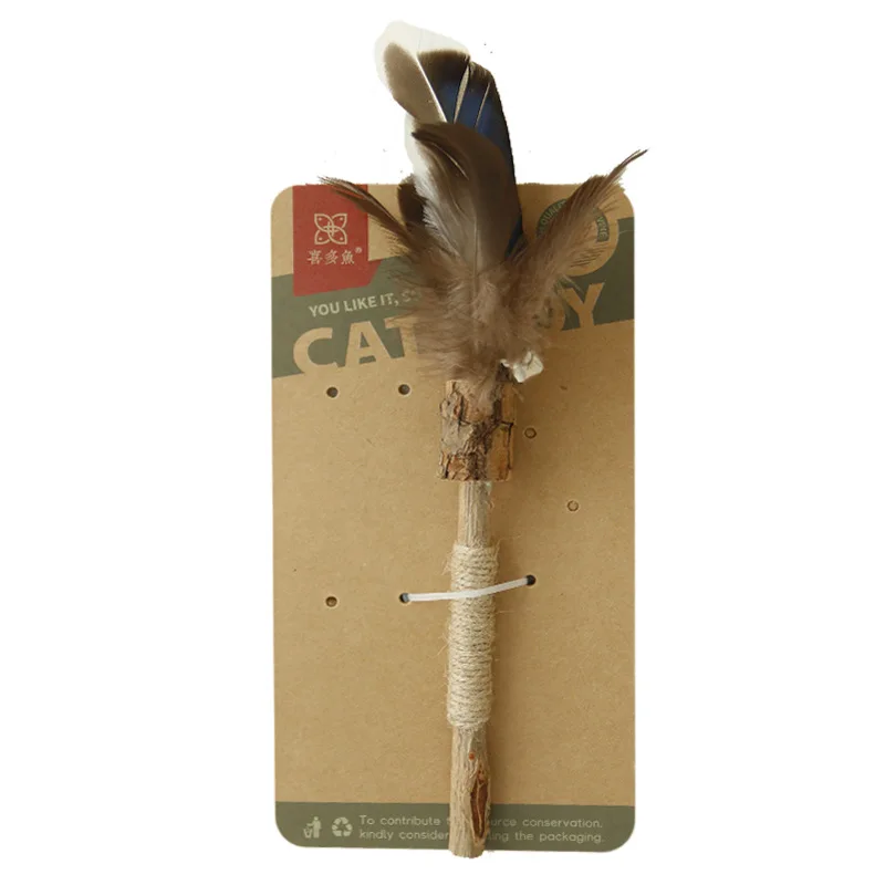 猫用おもちゃ 羽毛付き木製おもちゃ：天蓼・麻ひも・鈴付きで安全な遊びを実現