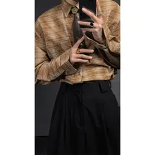 ストライプ柄レトロスタイル長袖シャツ【襟付き・ネクタイ対応】