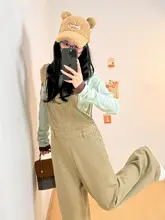 カジュアルなデニムオーバーオール【春用・ワイドシルエット・カーキ色・女性用】（セットアップ対応）