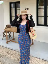 レトロ花柄デザインのウエストシェイプキャミソールワンピース【大きいサイズ・フランス風・ビーチリゾート用】