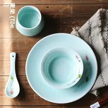 手描き一人用陶器食器セット【皿・スプーン・カップ付き・レストラン用】
