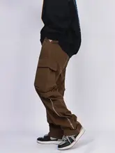 多ポケット ワイドストレート 作業パンツ【ユニセックス・ジッパー・カジュアルデザイン・ストリートスタイル】（セットアップ対応）