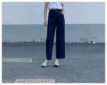 高品質な女性用ハイウエストストレートパンツ【深藍色・9分丈・シンプルデザイン】