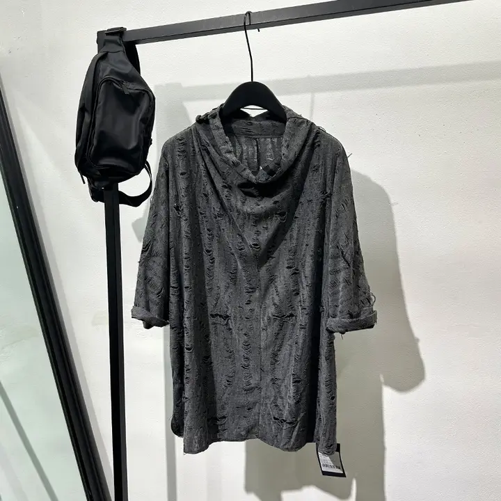 夏用ヴィンテージ風フィットTシャツ【破れデザイン・ドロップショルダー】（セットアップ対応）