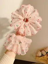 ピンクの花柄刺繍ナイロンヘアゴム【大きめデザイン・夏用】（セットアップ対応）