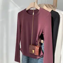 デザイン性のある女性用リブ素材のタイトフィットTシャツ【加絨・ウエストシェイプ・ラウンドネック】