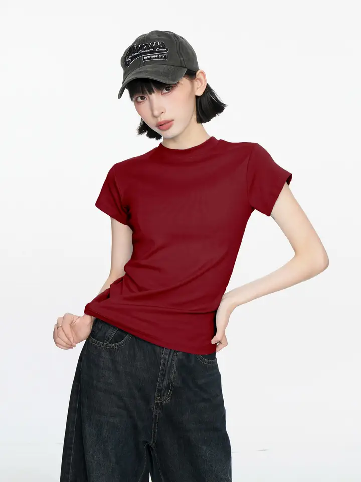 米国風 ビンテージワインレッドの肩出し半袖Tシャツ【レディース・ショート丈・純綿・フィットデザイン】