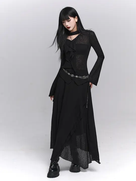 シンプルで上品な黒のドレス【高級感・秋用・韓国スタイル】（セットアップ対応）