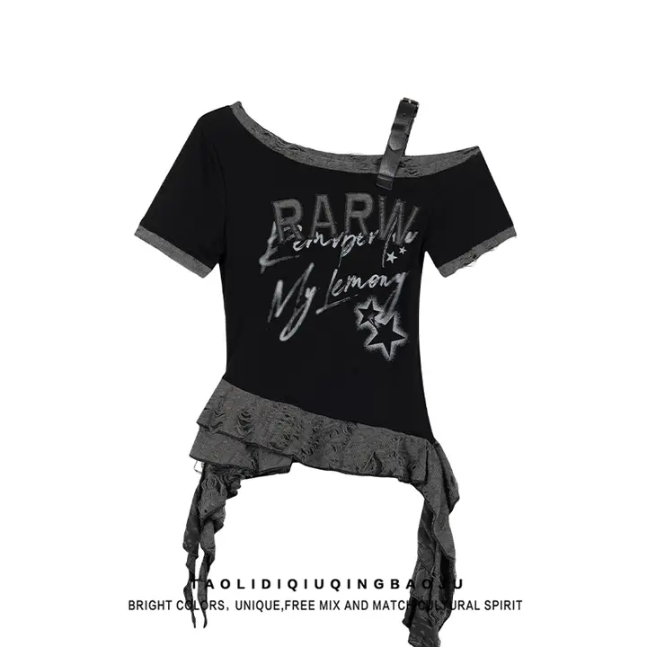 不規則な裾デザインの黒い短袖Tシャツ【女性用・フィット感・オフショルダー】
